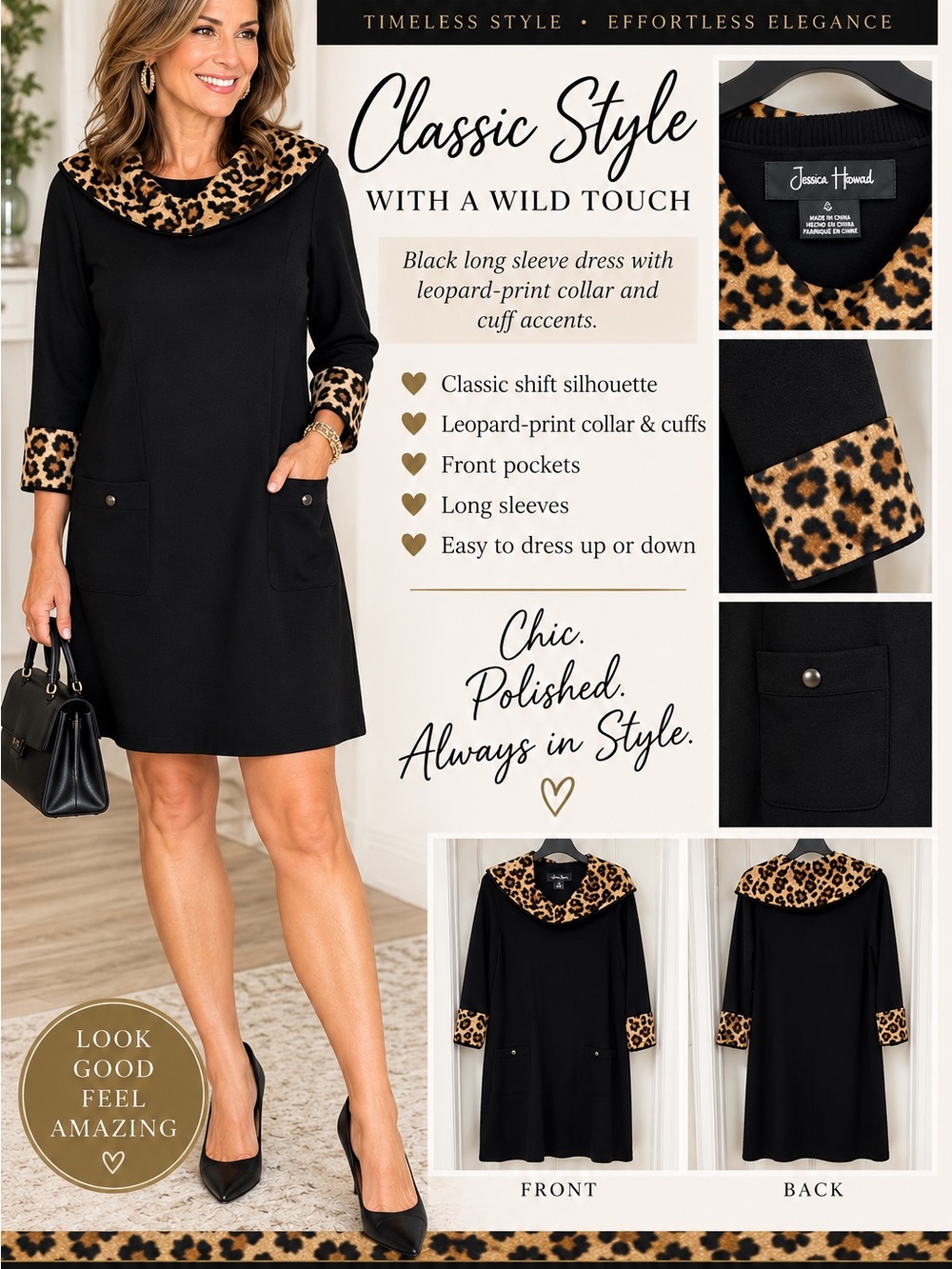 Jessica Howard Leopard Print Collar Cuff Black Shift Dress Large